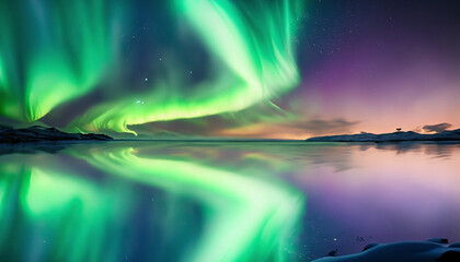 Aurora Background reflection on the water surface, Green and Purple Northern lights (Aurora borealis) in the sky over Tromso, panorama with northern light in night starry sky against mountain and lake