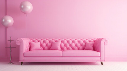 Fototapeta na wymiar A pink pastel colored sofa in a pink walls living room mock up.Generated by AI. 