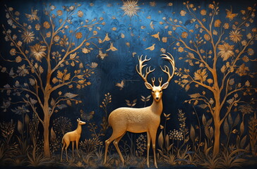 Edle Darstellung einer Waldszene mit Hirschen und Landschaft im Stil von blauen und goldenen Farbtönen, 4, Ai generiert