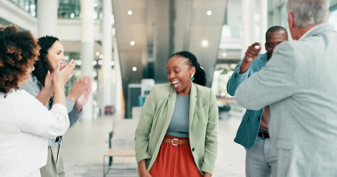 Happy business people, dancing and celebration for deal success, target achievement and company growth. Energy, fun and motivation for excited employees, party in winning office and teamwork together