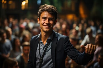 Fototapeta premium A man is asking a question to a speaker during a Q&A session at an international technical conference in a darkened auditorium. the young expert shows off