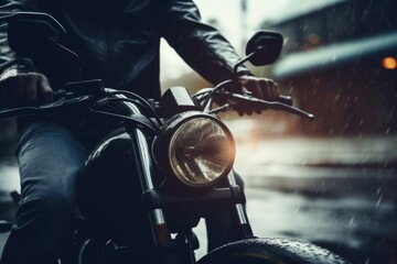 Confident cool guy in moto helmet biker man riding motorcycle bike male in jacket driving motorbike...