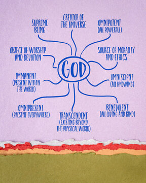 God - religious and philosophical concept, infographics or mind map sketch on art paper