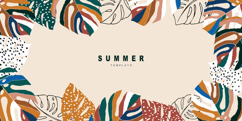 Summer template for background, poster, card, cover, label, banner in modern minimalist style and simple summer design templates with tropical leaves, flower, and plants.