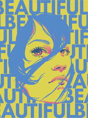 Woman face with glitters. Pop art poster. 60s retro fashion portrait