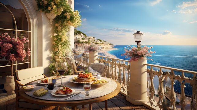 A picturesque balcony overlooking the sea, adorned with a table laden with breakfast delights. Generative AI