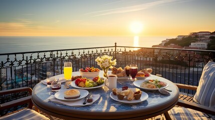 A picturesque balcony overlooking the sea, adorned with a table laden with breakfast delights. Generative AI