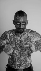 Shirtless tattooed male posing against white background