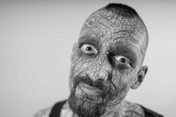 Young tattooed male posing against a white background