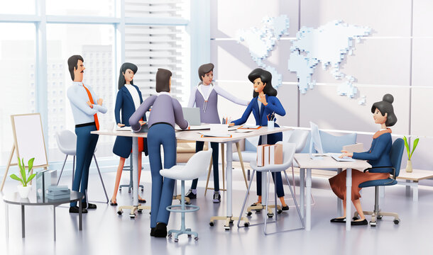 Successful team of business people working together in office, collaborating on a project, talking and sharing ideas. 3D rendering illustration