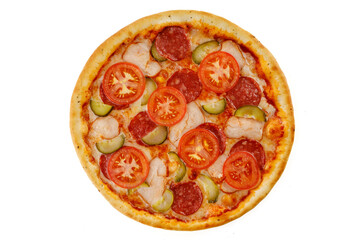 pizza with ham, pepperoni, tomato, pickled cucumber, mozzarella on white background for food delivery website menu 1