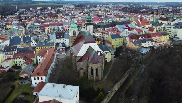 Drone view over a residential area under a cloudy sky