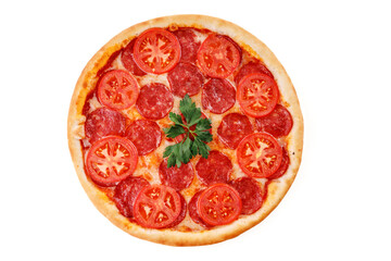 pizza with, pepperoni, tomato, mozzarella on a white background for the food delivery website menu