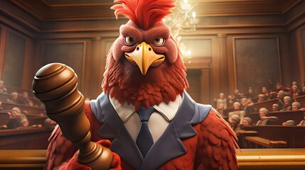 A chicken portrayed as a judge, solemnly passing sentence with its gavel. Generative AI
