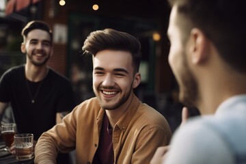 man young cafe happy fun lifestyle friend friendship together drink smiling group coffee shop table talking bar student generative ai