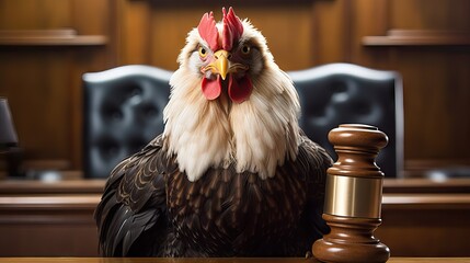 A chicken portrayed as a judge, solemnly passing sentence with its gavel. Generative AI - obrazy, fototapety, plakaty