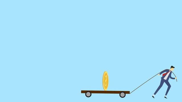 Animated video of a businessman illustration pulling a box with coins on it. video footage for business, educational, financial presentations