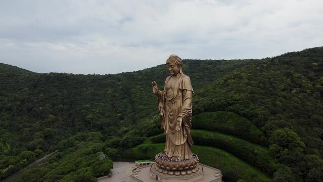Aerial video of Grand Buddha at Ling Shan, Binhu District, Wuxi, Jiangsu, China
