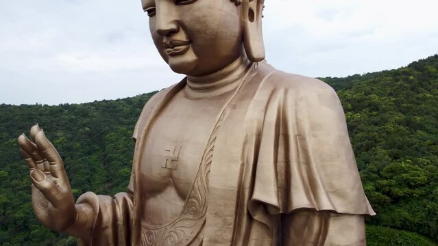 Aerial video of Grand Buddha at Ling Shan, Binhu District, Wuxi, Jiangsu, China