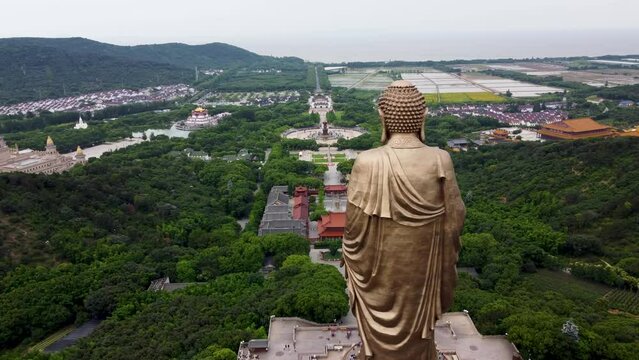 Aerial video of Grand Buddha at Ling Shan, Binhu District, Wuxi, Jiangsu, China