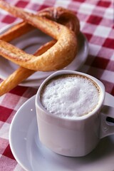 Close-up of a white ceramic mug filled with freshly brewed coffee accompanied by a bowl of pretzels