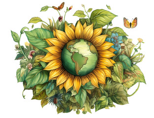 Illustration of the planet earth inside a  sunflower surrounded by butterflies and leaves, Ecology and Sustainability Concept