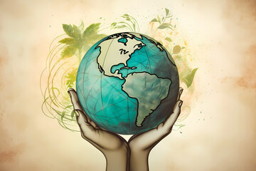 Human hands holding Planet Earth, Conceptual Illustration Depicting Ecology and Sustainability