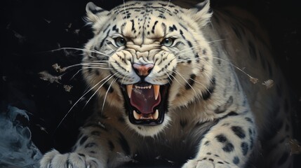 Front view of a fierce snow leopard. Generative AI - obrazy, fototapety, plakaty