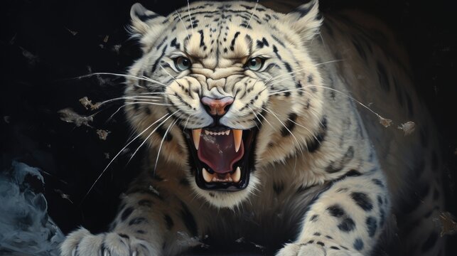 Front view of a fierce snow leopard. Generative AI