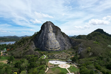Top view from drone Religious attractions in the vicinity of Pattaya. Buddha image created by laser...