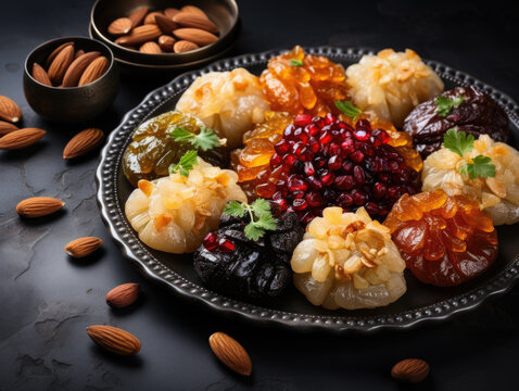 Ramadan dessert becomes a tempting affair in this top view featuring a variety of traditional Middle Eastern fried sweets - lokma, awameh, zainab fingers, and balah al sham. Generative AI.