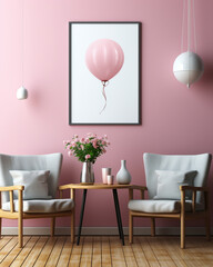 modern living room, Vertical golden frame white blank mockup close up on  wall