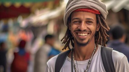 Obraz na płótnie Canvas adult man with tanned skin color, good mood, laughing, hippie jamaica style, relaxed and in good mood, white t-shirt, necklace, backpack, tourist or local, tropical island, fictitious