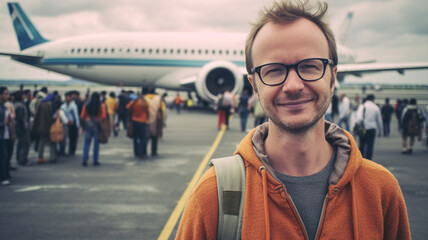 adult mature man with transition jacket and glasses and hand luggage backpack stands on the runway in front of a plane at the airport with many other flight passengers, cloudy sky