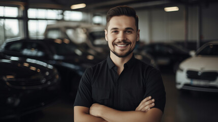 a smiling young handsome man stands in front of a car, a car repairman, a loader, a driver, a trucker, a trucker, a man's job, a transport company