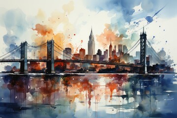 Watercolor night Brooklyn Bridge in New York. Urban landscape. Generative AI