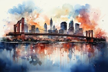 Fototapeta na wymiar Watercolor night Brooklyn Bridge in New York. Urban landscape. Generative AI