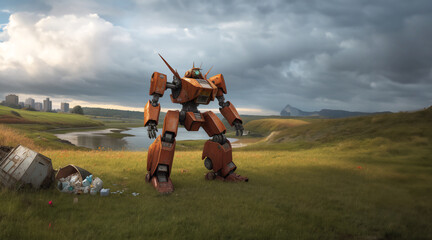 immagine con vecchio mecha in disuso abbandonato in un prato con rifiuti, panorama con colline, lago e città in lontananza, cielo minaccioso