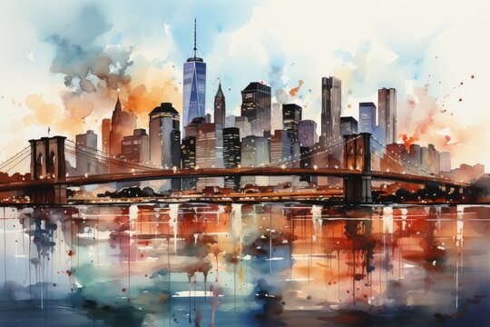 Watercolor night Brooklyn Bridge in New York. Urban landscape. Generative AI