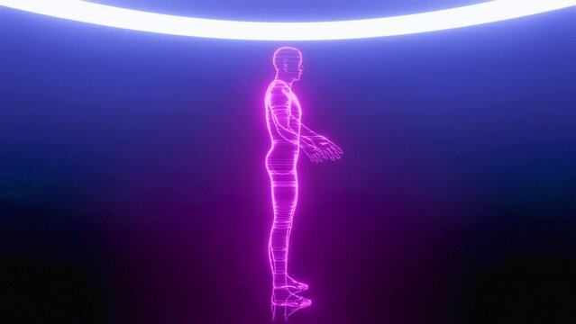 A violet futuristic, Human hologram rotation In a fantastic cosmic space. Human digital scanning. Bright colour digital style. Cosmic modern 4K loop render. Moving stock video. Seamless 3D animation