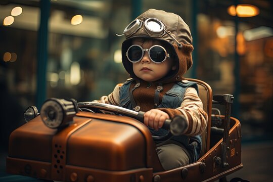 cute boy wearing glasses and motor racing suit in vintage car, Generative Ai