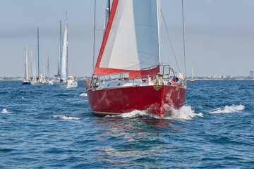 sailing yacht from the bow. Close-up front view of the bow of a sporting sail yacht. sailing boat,...