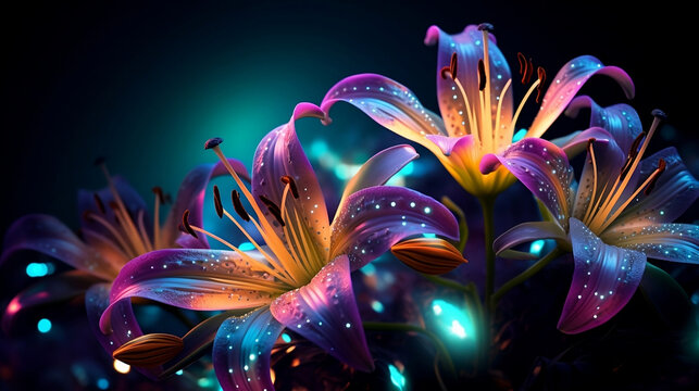 abstract neon lily flowers. Generated Ai