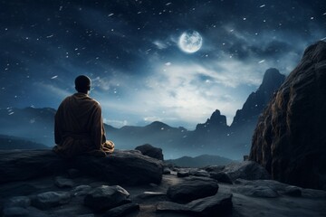 An individual meditating or praying on a rock under the milky way and moonlight, in a tranquil outdoor setting