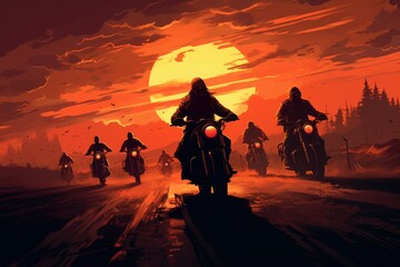 Group of motorcyclists riding together, silhouetted by the setting sun.