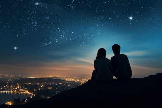 Couple silhouette on a hilltop, pointing at a shooting star streaking across the city's night sky.