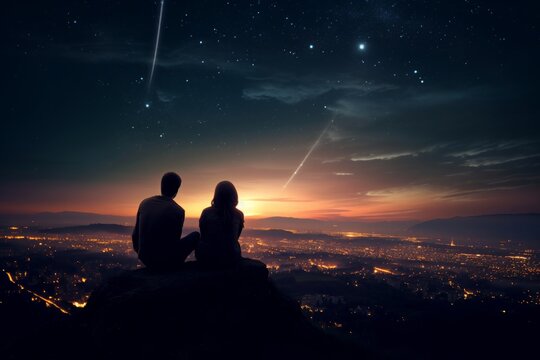 Couple silhouette on a hilltop, pointing at a shooting star streaking across the city's night sky.