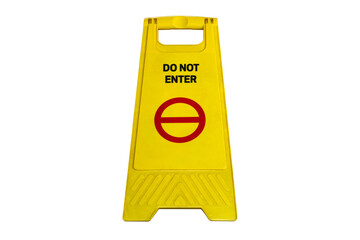 do NOT ENTRY sign in black text with red circle icon on yellow object. Warning sign on the floor isolated on white background with shadow and clipping path.