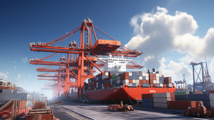 Fototapeta premium Design a floating cargo transfer station, equipped with massive cranes and loading platforms, allowing cargo to be seamlessly transferred between ships at sea, showcasing a remarka Generative AI