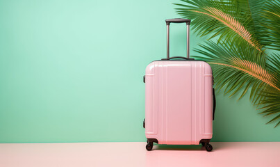 Travel suitcase isolated on pastel flat background with copy space for text decorated with palm leaves. Pink and green colors. Creative tourist banner.